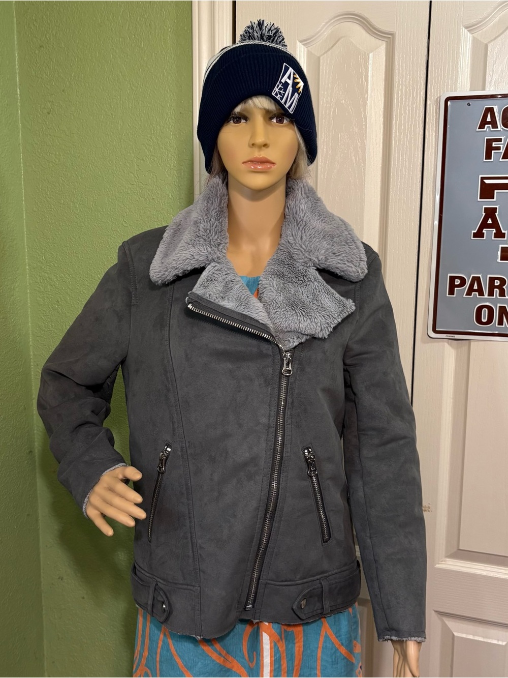 H&M Womens Grey Faux-Shearling Moto Jacket